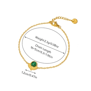 Detailed view of gold plated stainless steel bracelet with green stone and measurements