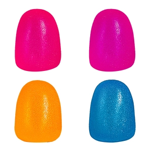 Close-up of four colorful rainbow candy squishy toys in pink, magenta, orange, and blue