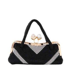 Elegant black beaded evening bag with white geometric patterns and crystal clasp