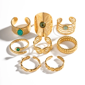 8pcs gold ring set with natural green stone, blue amazonite and white pearls in boho style