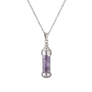 Collier chic en acier inoxydable avec pendentif bouteille de parfum et pierres de améthyste
