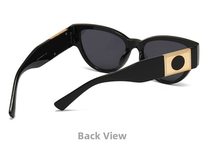 Detail view of oval cat-eye sunglasses with wide temples and golden metal ornaments