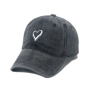 Vintage washed dark grey cotton baseball cap with white dripping heart embroidery