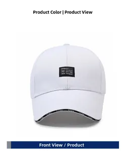 Front detail of white cotton baseball cap featuring black woven label and lettered brim