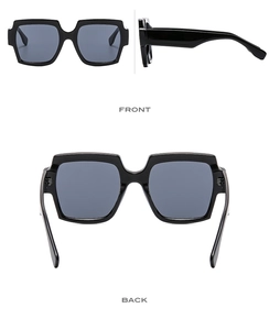 Three-way view of oversized square black sunglasses with protective gray lenses