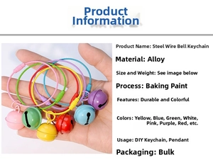 Detail view of colorful painted steel wire keychains with matching metal bells for DIY crafts