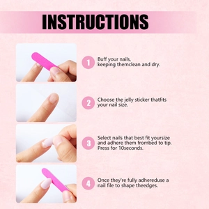 Step-by-step instructions for applying almond pink press on nails with adhesive tabs