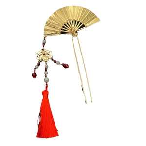 Elegant gold folding fan hair pin with red silk tassels and white pearl charms