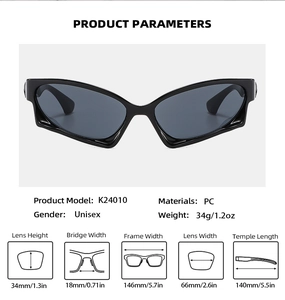 Detailed size chart for Y2K cat eye sunglasses showing PC frame dimensions and 34g weight