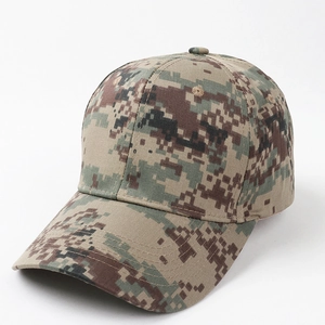 Detail view of cotton camouflage baseball cap with digital pixel pattern and curved brim