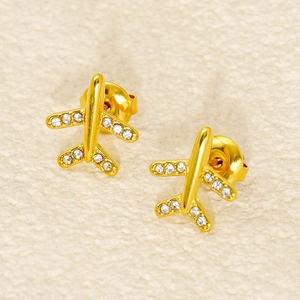 Fashion 18K gold plated stainless steel airplane stud earrings with shiny crystals