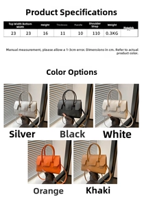 Size chart showing dimensions for a PU leather underarm bag in five color options