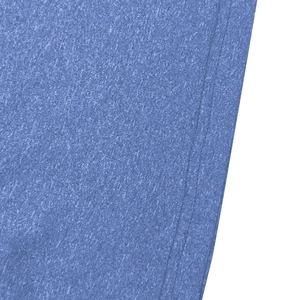Close-up of blue moisture-wicking fabric with detailed double-stitch sewing on the hemline