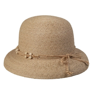 Elegant wide brim raffia sun hat with woven bow and wooden beads for women's beach vacations