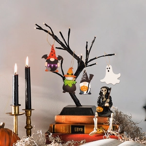 Set of 4 Halloween wooden hanging gnomes and ghost ornaments on a black decorative tree
