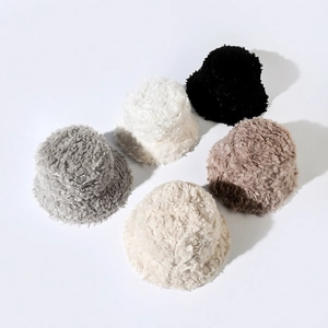 Plush faux fur bucket hats for women in grey white black beige and light coffee colors