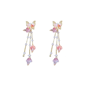Golden butterfly flower stud earrings with pink accents and white beaded tassels