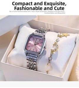 Detail of square silver quartz watch and star pearl bracelet in a premium gift box