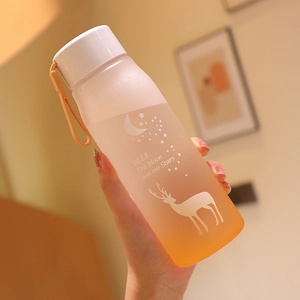 Detail of gradient frosted plastic water bottle with deer pattern and silicone strap