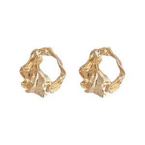 Irregular geometric pleated gold stud earrings with a textured molten metal finish