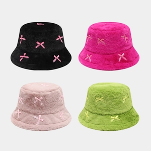 Plush Faux Fur Bucket Hat With Ribbon Bows Warm Winter Windproof Solid Color Sweet Style For Women