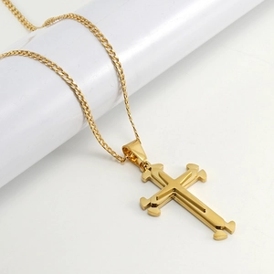 Men's 18K gold layered stainless steel necklace with multi-level cross pendants