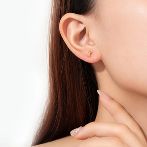 S925 Sterling Silver Minimalist Gold Stud Earrings worn on a model with white background