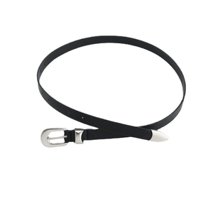 Vintage black skinny leather belt with silver needle buckle and metal tip for jeans