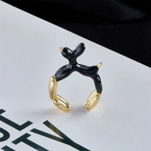 Artistic balloon dog open ring in 18k gold plated finish with black drip oil enamel