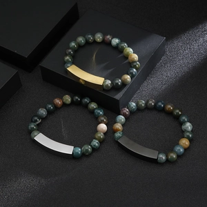 Handmade natural agate bead bracelet with custom engraved stainless steel plates in three finishes