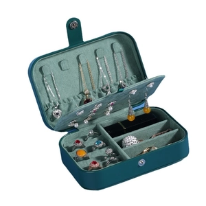 Portable dark green leather jewelry travel case with multi-layer storage for rings and necklaces