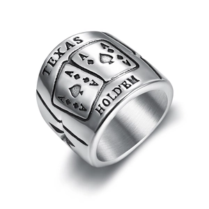 Vintage stainless steel ring for men featuring poker ace and Texas Hold'em design