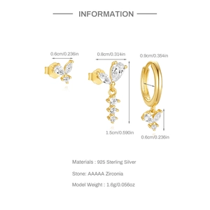 Detailed size specifications for 925 sterling silver earring set with AAAAA zirconia