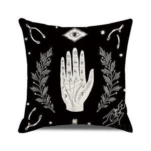 Close-up of Halloween occult cushion cover showing astrology palm and evil eye print