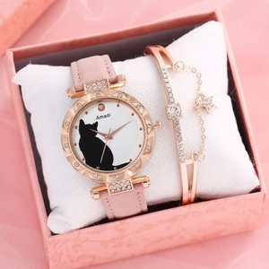 Pink leather watch with cat pattern and matching star pendant bracelet in a gift box