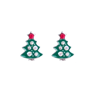 Detailed view of green Christmas tree earrings with colorful rhinestones and gold stars