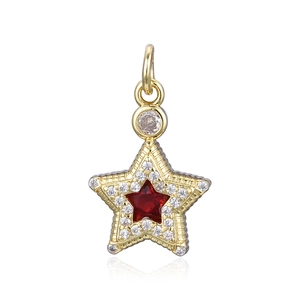 Chunky gold star pendant with micro-pawned red zircon and white crystals on white background