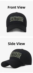 Detail of 3D embroidery on black cotton baseball cap with Naval Special Warfare text