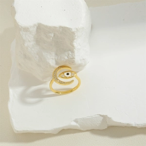 Gold Evil Eye and Crescent Moon Ring with pavé zircons on minimalist stone base