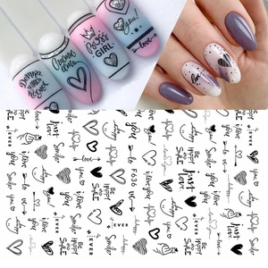 3D cartoon heart and letter nail art stickers with F636 black minimalist line designs