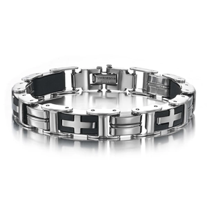Classic silver stainless steel cross bracelet with black silicone strap and buckle