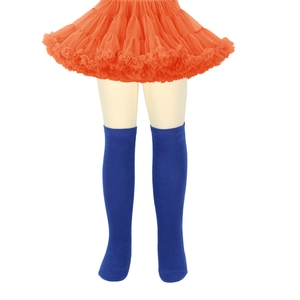 Detailed knit texture of blue over-knee high socks for girls shown on a model