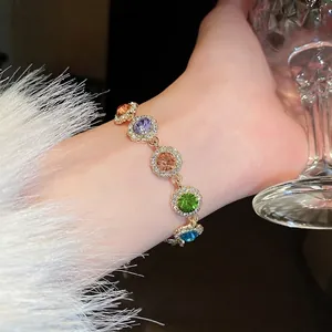 Bracelet Rond En Cristal Coloré Pour Femmes Alliage Doré Strass Réglable Bijoux De Main Élégants Et Doux