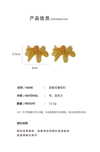 Detail view of yellow cluster petal earrings with size 5.5cm x 6cm and 11.6g weight info