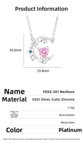 Detail view of S925 silver moon and pink heart pendant with dimensions 16x15.9mm