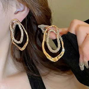 Irregular Double Hoop Earrings Alloy Rhinestone Jewelry With 925 Sterling Silver Earring Post Chic Luxury For Women
