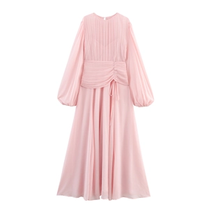 Elegant Chiffon Maxi Dress Pleated Lantern Sleeve Round Neck High Waist Solid Color Commuter Office Formal Women