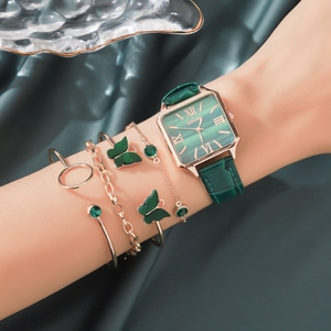 Elegant 5-piece emerald square watch and butterfly bracelet set in rose gold plating