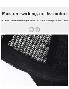 Detail showing moisture-wicking widened sweatband and breathable mesh on black baseball cap