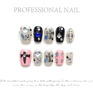 Gothic Punk Pink Black Press On Nails With Alloy Cross And Heart Rhinestones Handmade Reusable False Nails For Women